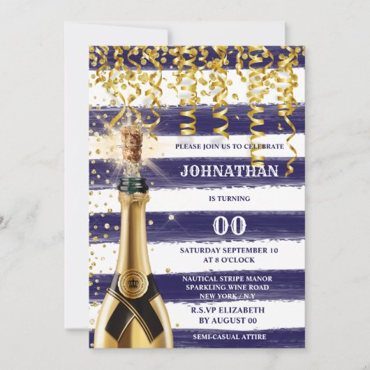 任意の年齢の海軍の白航海の金ゴールドバブストライプのリー 招待状 (正面)