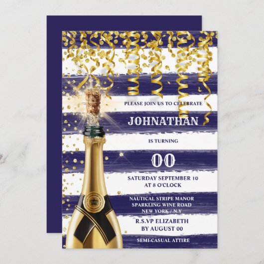 任意の年齢の海軍の白航海の金ゴールドバブストライプのリー 招待状 (正面/裏面)