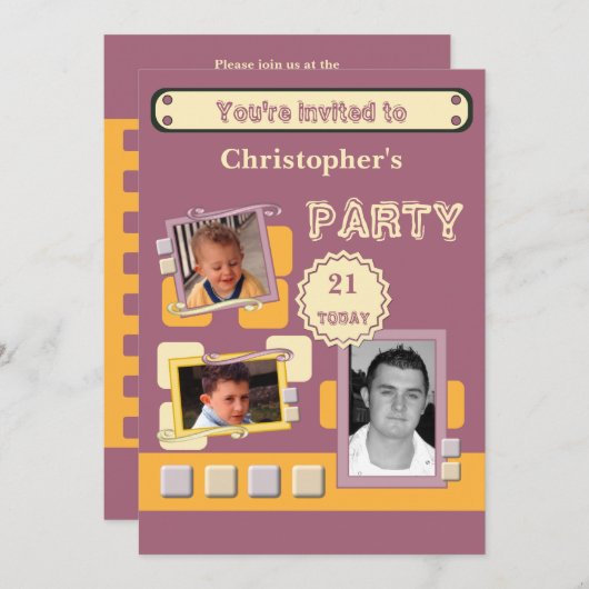 任意の年齢の男性へブルゴーニュ21番目のパーティーを追加 招待状 (正面/裏面)