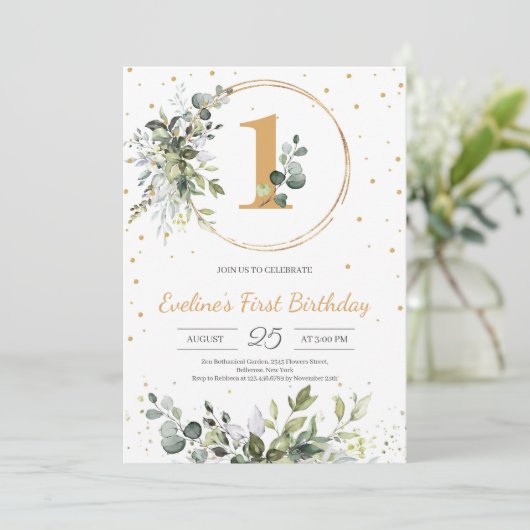 任意の年齢の緑のユーカリプトゥスボホ金ゴールド誕生日 招待状