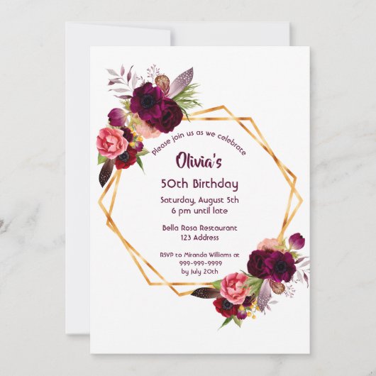 任意の年齢の誕生日バーガンディ花模様金ゴールド幾何学的 招待状 (正面)