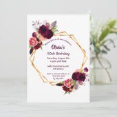 任意の年齢の誕生日バーガンディ花模様金ゴールド幾何学的 招待状 (スタンド正面)