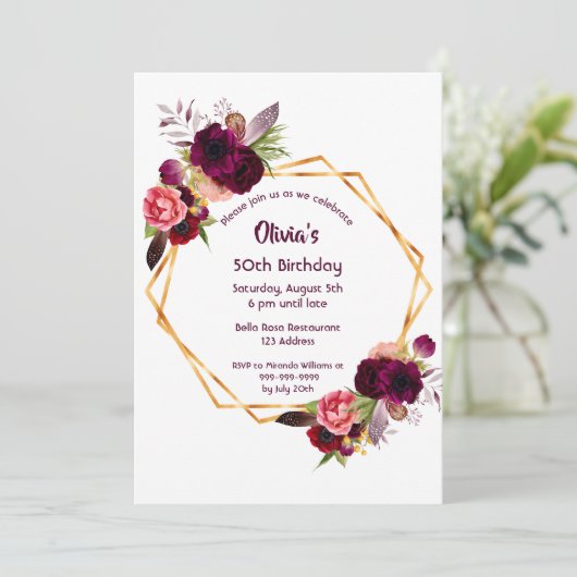 任意の年齢の誕生日バーガンディ花模様金ゴールド幾何学的 招待状 (スタンド正面)