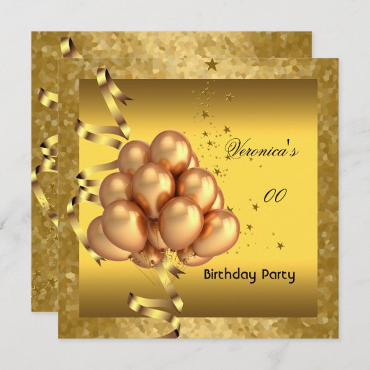 任意の年齢の誕生日パーティエレガント金ゴールドバルーン 招待状 (正面/裏面)