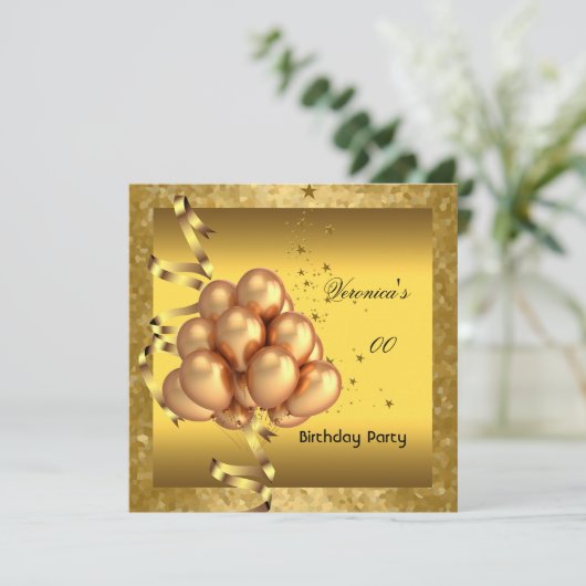 任意の年齢の誕生日パーティエレガント金ゴールドバルーン 招待状 (スタンド正面)