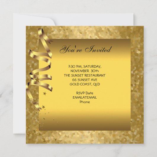 任意の年齢の誕生日パーティエレガント金ゴールドバルーン 招待状 (裏面)