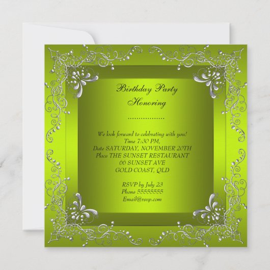 任意の年齢の誕生日パーティシャルトリューイエローグリーン 招待状 (裏面)