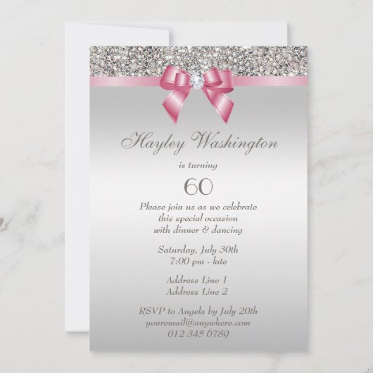 任意の年齢の誕生日パーティシルバーシークインピンクボウ 招待状 (裏面)