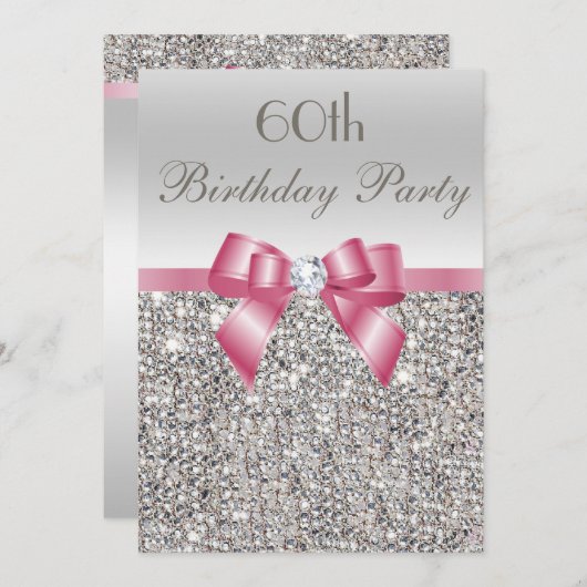 任意の年齢の誕生日パーティシルバーシークインピンクボウ 招待状 (正面/裏面)