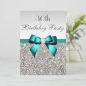 任意の年齢の誕生日パーティシルバーシークイン深いティール(緑がかった色)ボウ 招待状 (スタンド正面)