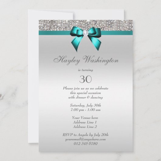 任意の年齢の誕生日パーティシルバーシークイン深いティール(緑がかった色)ボウ 招待状 (裏面)