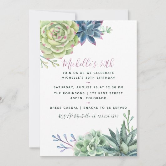 任意の年齢の誕生日パーティーウォーターカラー多肉性招待状 招待状 (正面)