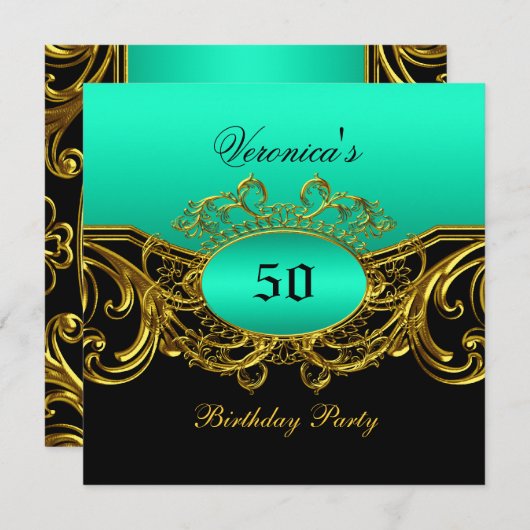 任意の年齢の誕生日パーティーエレガントティール（緑がかった色）ブラック金ゴールド 招待状 (正面/裏面)