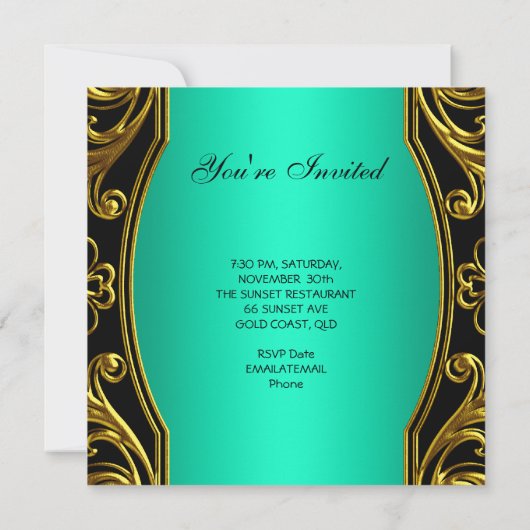 任意の年齢の誕生日パーティーエレガントティール（緑がかった色）ブラック金ゴールド 招待状 (裏面)