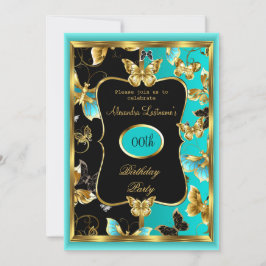 任意の年齢の誕生日パーティーティール（緑がかった色）ブルー金ゴールド蝶 招待状