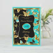 任意の年齢の誕生日パーティーティール（緑がかった色）ブルー金ゴールド蝶 招待状 (スタンド正面)