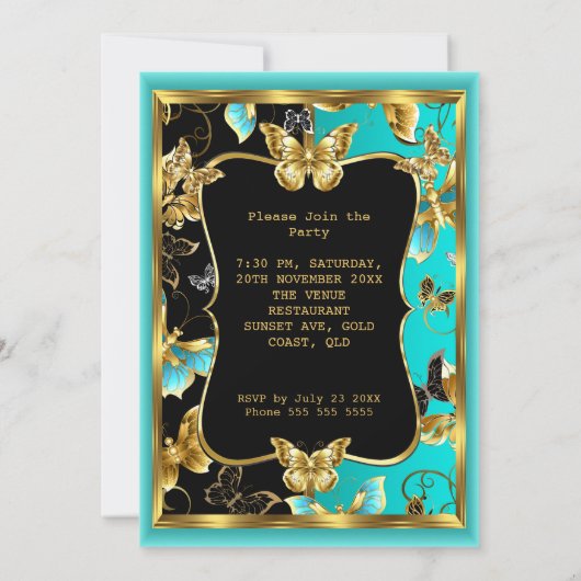任意の年齢の誕生日パーティーティール（緑がかった色）ブルー金ゴールド蝶 招待状 (裏面)