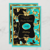 任意の年齢の誕生日パーティーティール（緑がかった色）ブルー金ゴールド蝶 招待状 (正面/裏面)