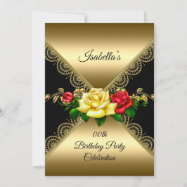 任意の年齢の誕生日パーティーブラック金ゴールド赤い黄色のバラ 招待状