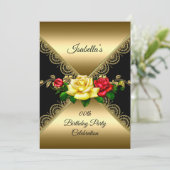 任意の年齢の誕生日パーティーブラック金ゴールド赤い黄色のバラ 招待状 (スタンド正面)