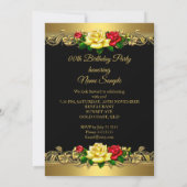 任意の年齢の誕生日パーティーブラック金ゴールド赤い黄色のバラ 招待状 (裏面)