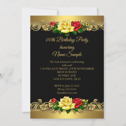 任意の年齢の誕生日パーティーブラック金ゴールド赤い黄色のバラ 招待状 (裏面)