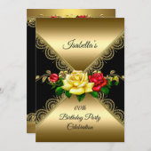 任意の年齢の誕生日パーティーブラック金ゴールド赤い黄色のバラ 招待状 (正面/裏面)