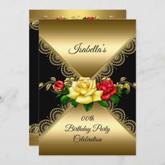 任意の年齢の誕生日パーティーブラック金ゴールド赤い黄色のバラ 招待状 (正面/裏面)