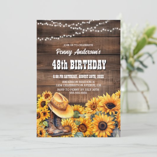 任意の年齢の誕生日パーティー素朴ウッドひまわり 招待状 (スタンド正面)