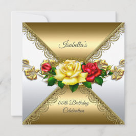 任意の年齢の誕生日パーティー金ゴールド赤い黄色バラ 招待状