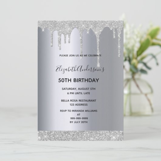 任意の年齢の誕生日パーティー銀のグリッタードリップ 招待状 (スタンド正面)