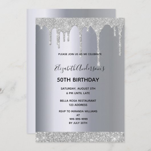 任意の年齢の誕生日パーティー銀のグリッタードリップ 招待状 (正面/裏面)