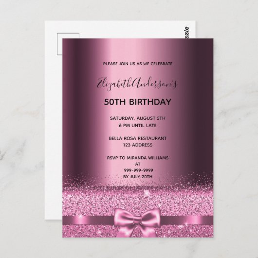 任意の年齢の誕生日パープルブルゴーニュのグラムの招待 ポストカード (正面/裏面)