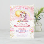 任意の年齢の誕生日ピンクと金ゴールドチュドレスユニコーン 招待状 (スタンド正面)
