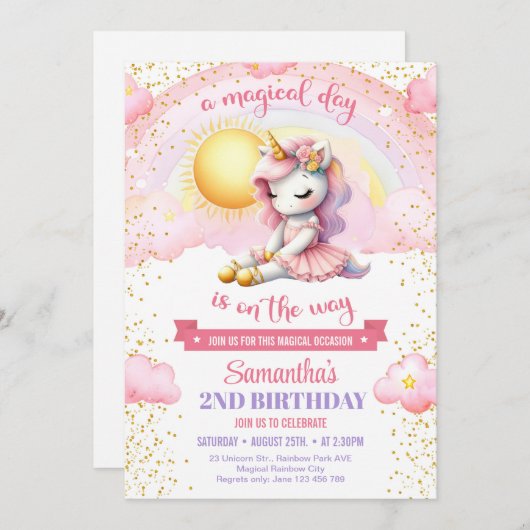 任意の年齢の誕生日ピンクと金ゴールドチュドレスユニコーン 招待状 (正面/裏面)
