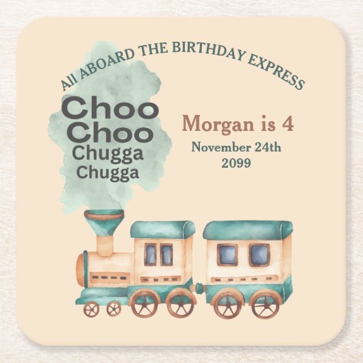 任意の年齢の誕生日列車のパーティーすべて水の色 スクエアペーパーコースター (正面)