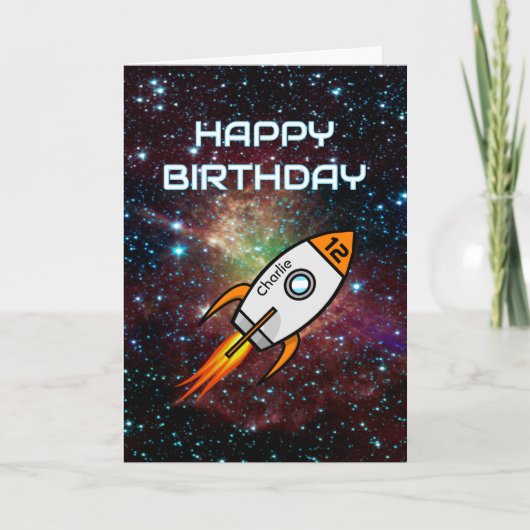 任意の年齢の誕生日名前をカスタムするオレンジロケット カード (正面)