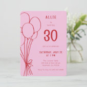 任意の年齢の誕生日手描きバルーンピンクレッド 招待状 (スタンド正面)