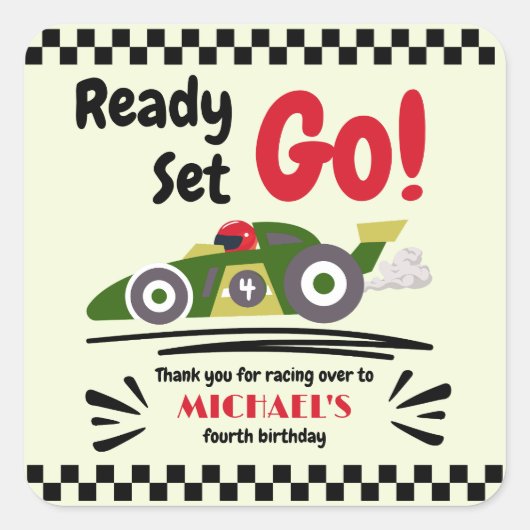 任意の年齢の誕生日準備ができてセット環境にやさしいことをしようレースカー スクエアシール (正面)