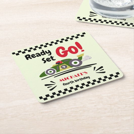 任意の年齢の誕生日準備ができてセット環境にやさしいことをしようレースカー スクエアペーパーコースター (アングル)