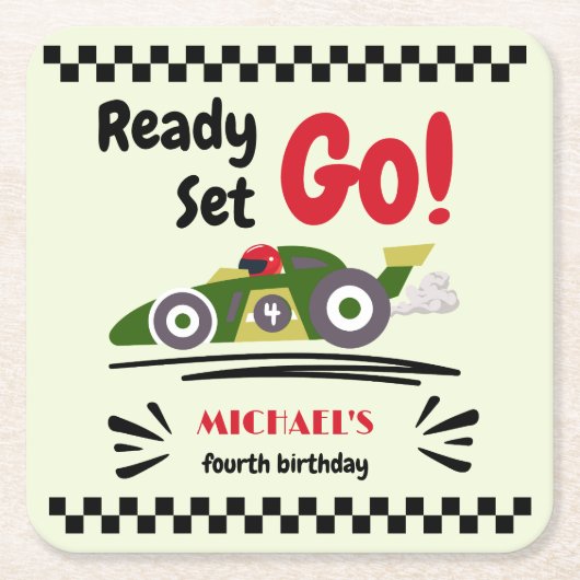 任意の年齢の誕生日準備ができてセット環境にやさしいことをしようレースカー スクエアペーパーコースター (正面)