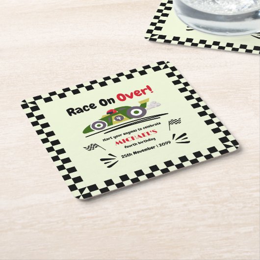 任意の年齢の誕生日準備ができてセット環境にやさしいことをしようレースカー スクエアペーパーコースター (アングル)