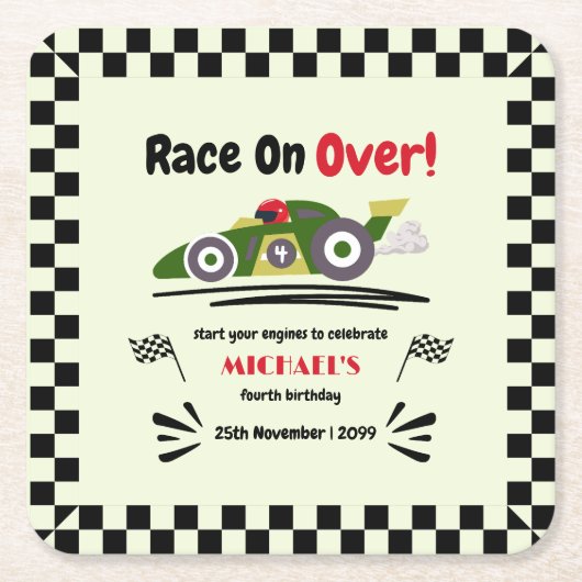 任意の年齢の誕生日準備ができてセット環境にやさしいことをしようレースカー スクエアペーパーコースター (正面)