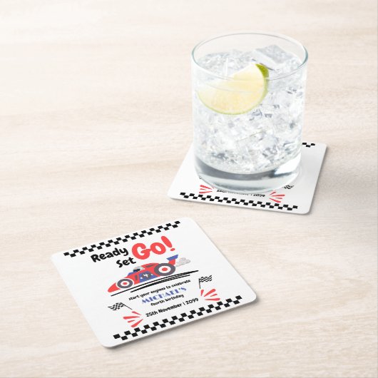 任意の年齢の誕生日準備セット行く赤ブルーレースカー スクエアペーパーコースター (インサイチュ)