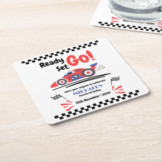 任意の年齢の誕生日準備セット行く赤ブルーレースカー スクエアペーパーコースター (アングル)