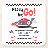 任意の年齢の誕生日準備セット行く赤ブルーレースカー スクエアペーパーコースター (正面)