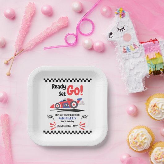 任意の年齢の誕生日準備セット行く赤ブルーレースカー ペーパープレート (パーティー)