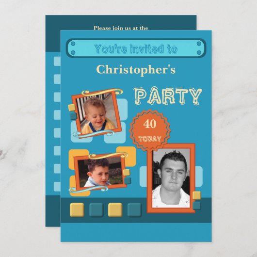 任意の年齢の青男性へ色40番目のパーティーを追加 招待状 (正面/裏面)