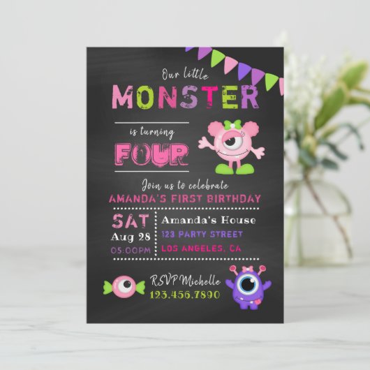 任意の年齢の黒板リトルモンスターガール誕生日 招待状 (スタンド正面)