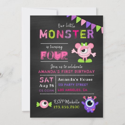 任意の年齢の黒板リトルモンスターガール誕生日 招待状 (正面)